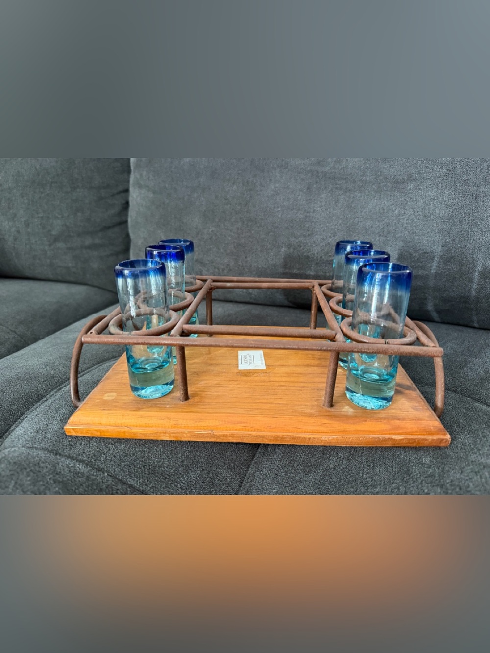 Mexico / Spanish Blue-Tinted Shot Glass Set with Wooden Base- authentic